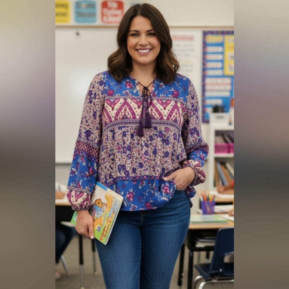 Floral Patchwork Blouse in Blue and Pink